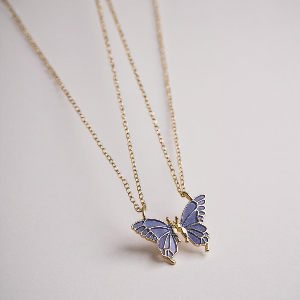 Butterfly Bond Necklace Set – Matching Friendship Pendant (Set of 2, Lavender & Beige Options)