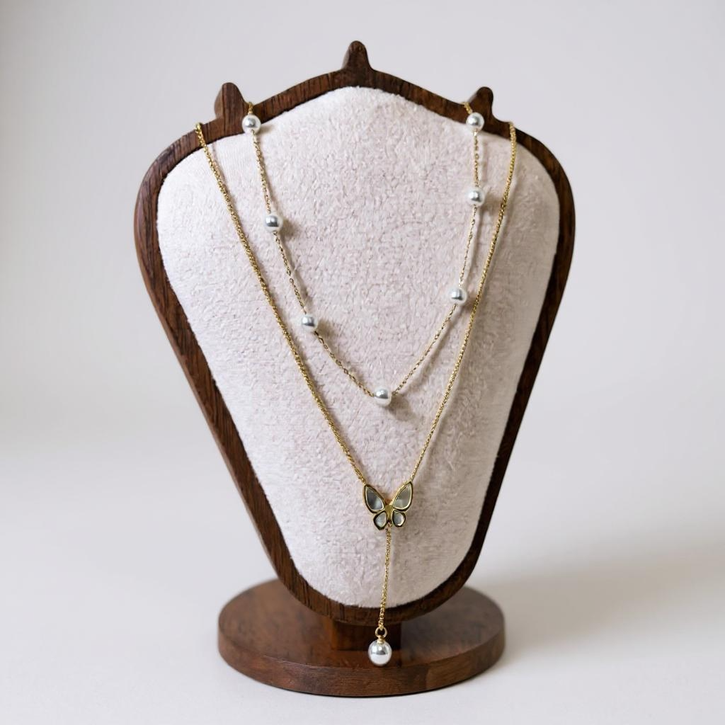Glimiora Elegant Butterfly Pearl Layered Necklace – Gold Finish
