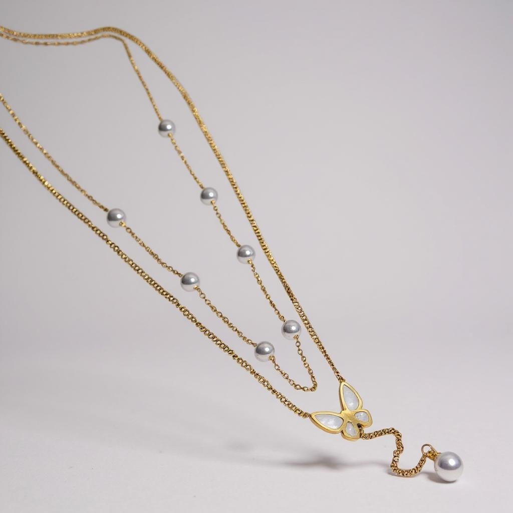Glimiora Elegant Butterfly Pearl Layered Necklace – Gold Finish