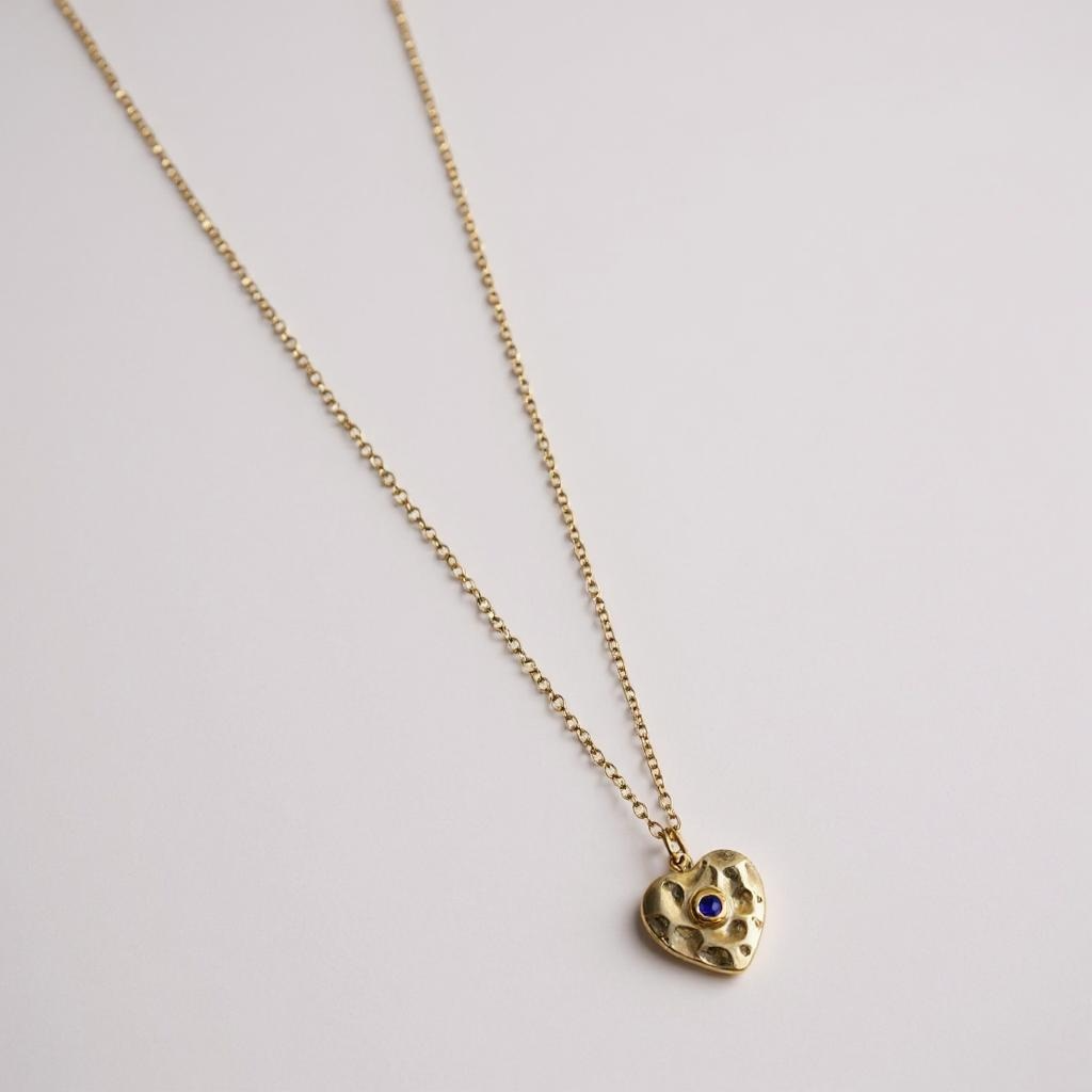 Glimiora Vintage Heart Charm Necklace – Antique Gold with Sapphire Accents