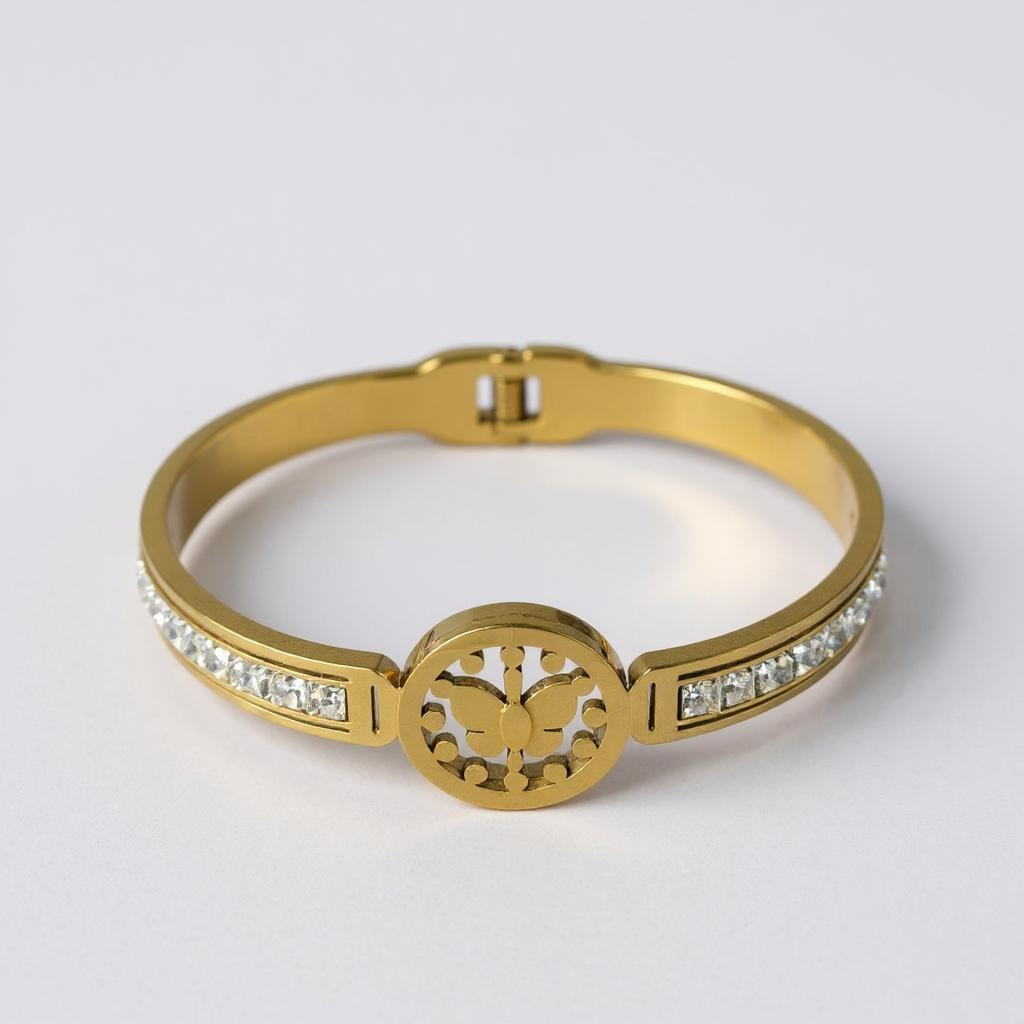 Golden Butterfly Emblem Bangle with Crystal Sides – Glimiora Exclusive