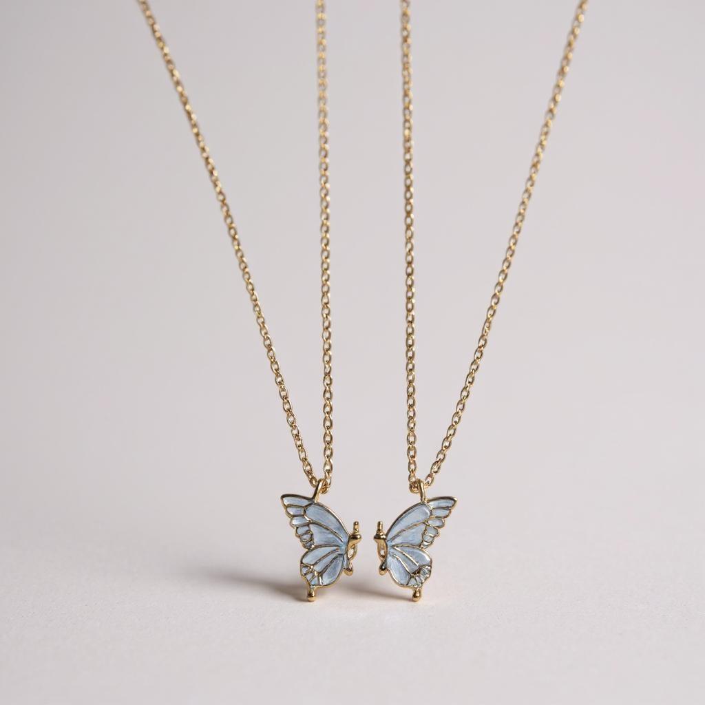Half & Half Butterfly Friendship Necklace Set (2 Pieces) – White & Purple Options