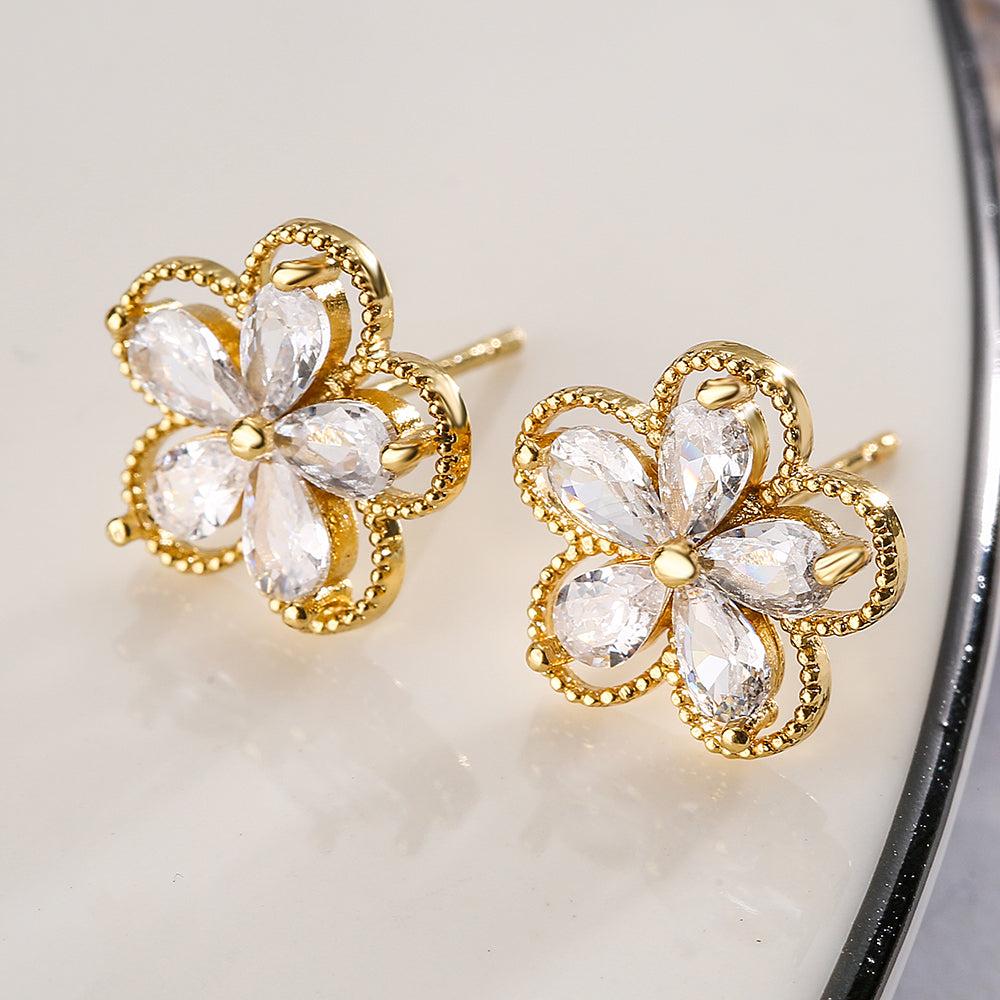 Clover Bloom Crystal Stud Earrings – Gold-Tone