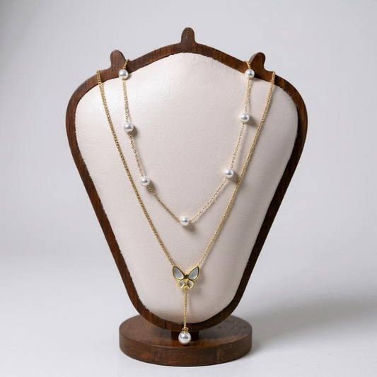 Glimiora Elegant Butterfly Pearl Layered Necklace – Gold Finish