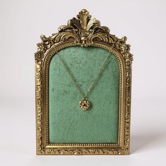 Glimiora Vintage Heart Charm Necklace – Antique Gold with Sapphire Accents