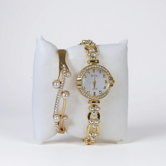 Elegant Crystal Watch & Pearl Bracelet Set – Glimiora Luxe Collection