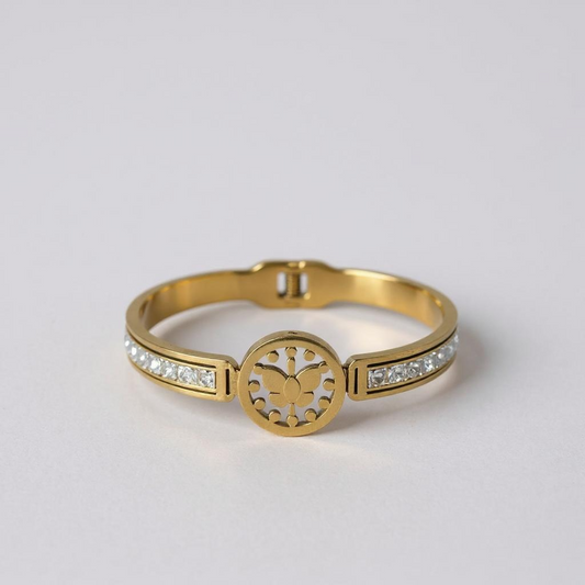Golden Butterfly Emblem Bangle with Crystal Sides – Glimiora Exclusive
