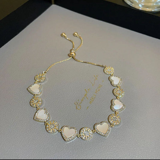 White Heart & Crystal Charm Adjustable Bracelet