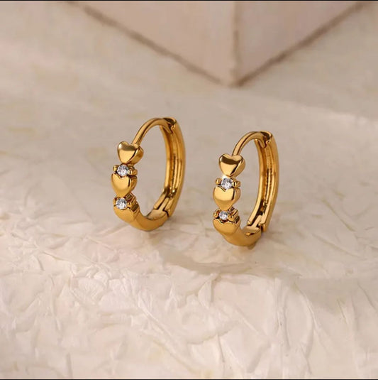 Heart Charm Gold Hoop Earrings with Crystals