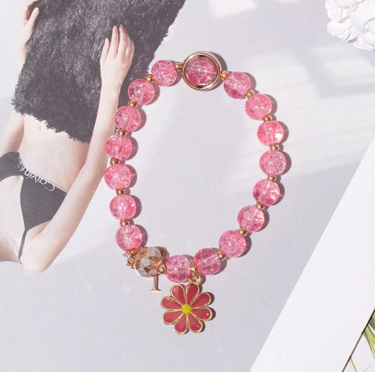 🌺 Pink Daisy Charm Beaded Bracelet