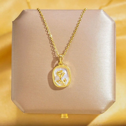 Golden Rose Pendant Necklace – Mother of Pearl Charm