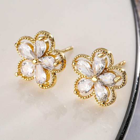 Clover Bloom Crystal Stud Earrings – Gold-Tone